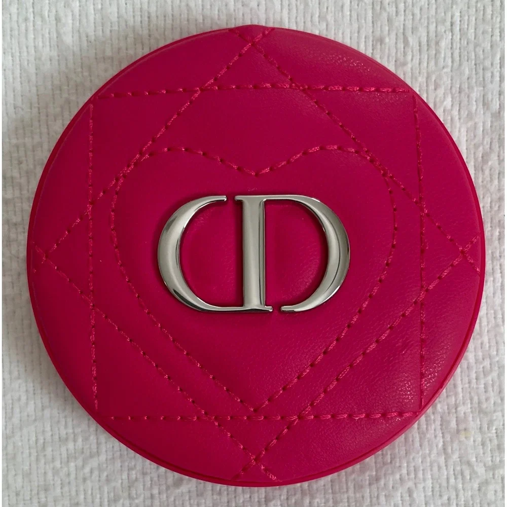 Christian Dior Pink Quilted Heart Compact Mirror Silver CD Logo Dust Bag Travel